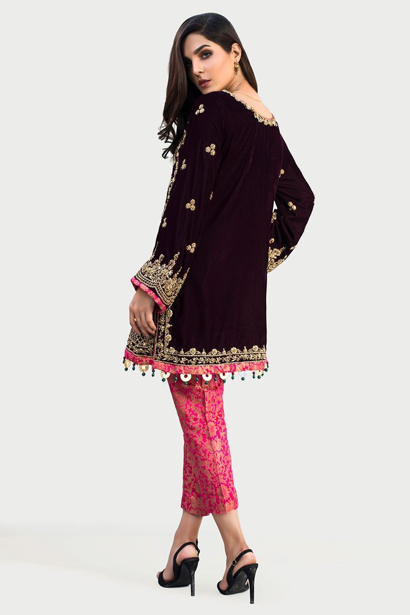 Pakistani Deep Plum Embroidered Velvet Salwar Kameez (3-Piece) - Image 2