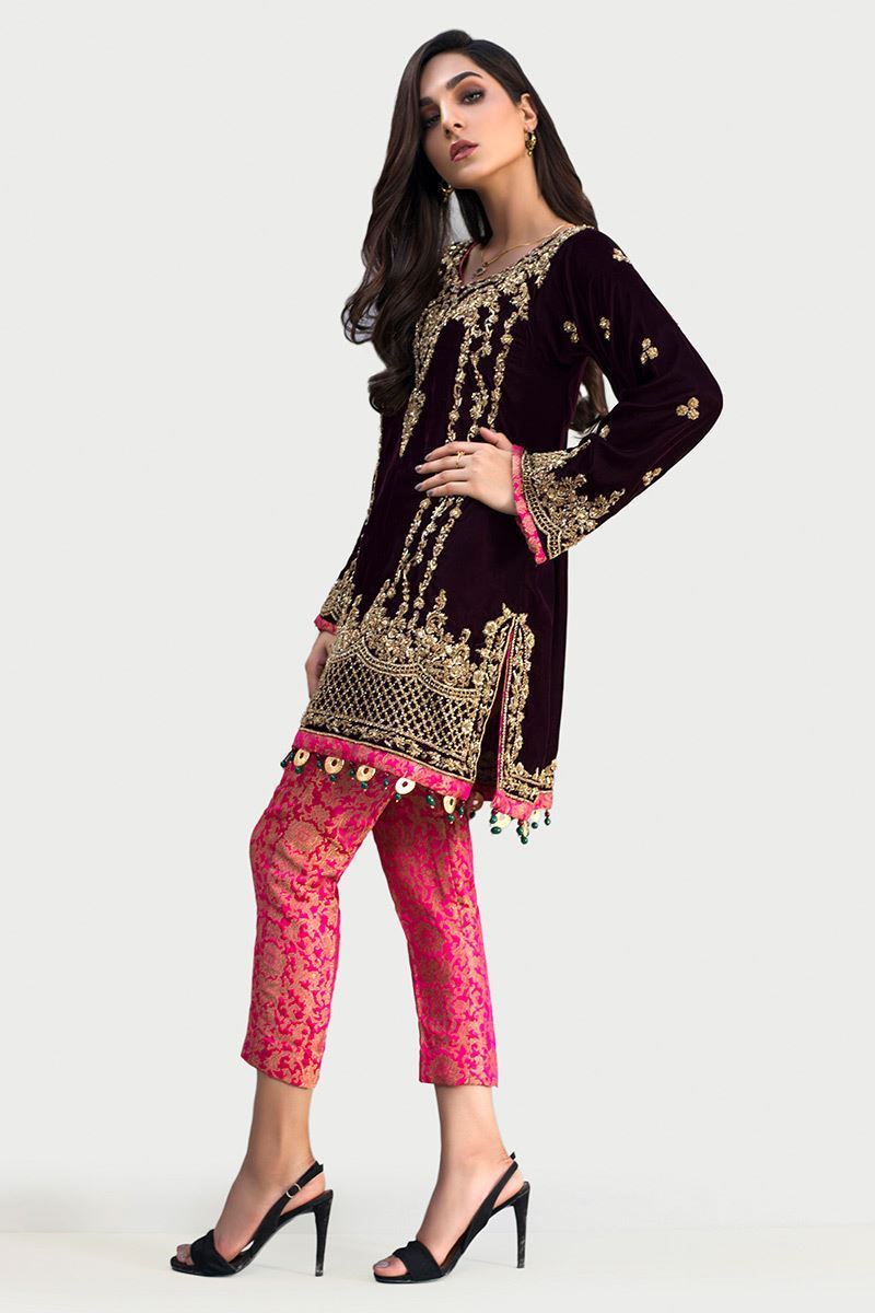 Pakistani Deep Plum Embroidered Velvet Salwar Kameez (3-Piece) - Image 3