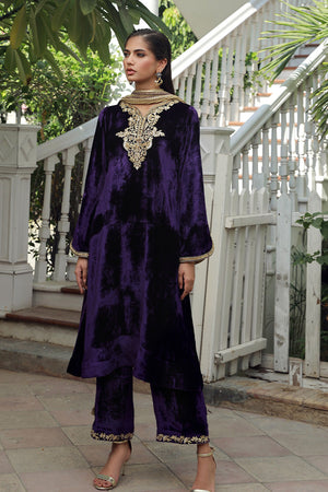Pakistani Deep Purple Embellished Velvet Salwar Kameez (3-Piece) - Image 1