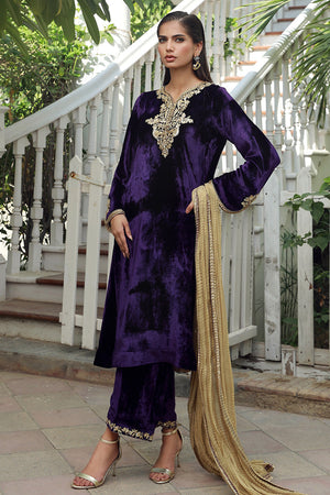 Pakistani Deep Purple Embellished Velvet Salwar Kameez (3-Piece) - Image 3