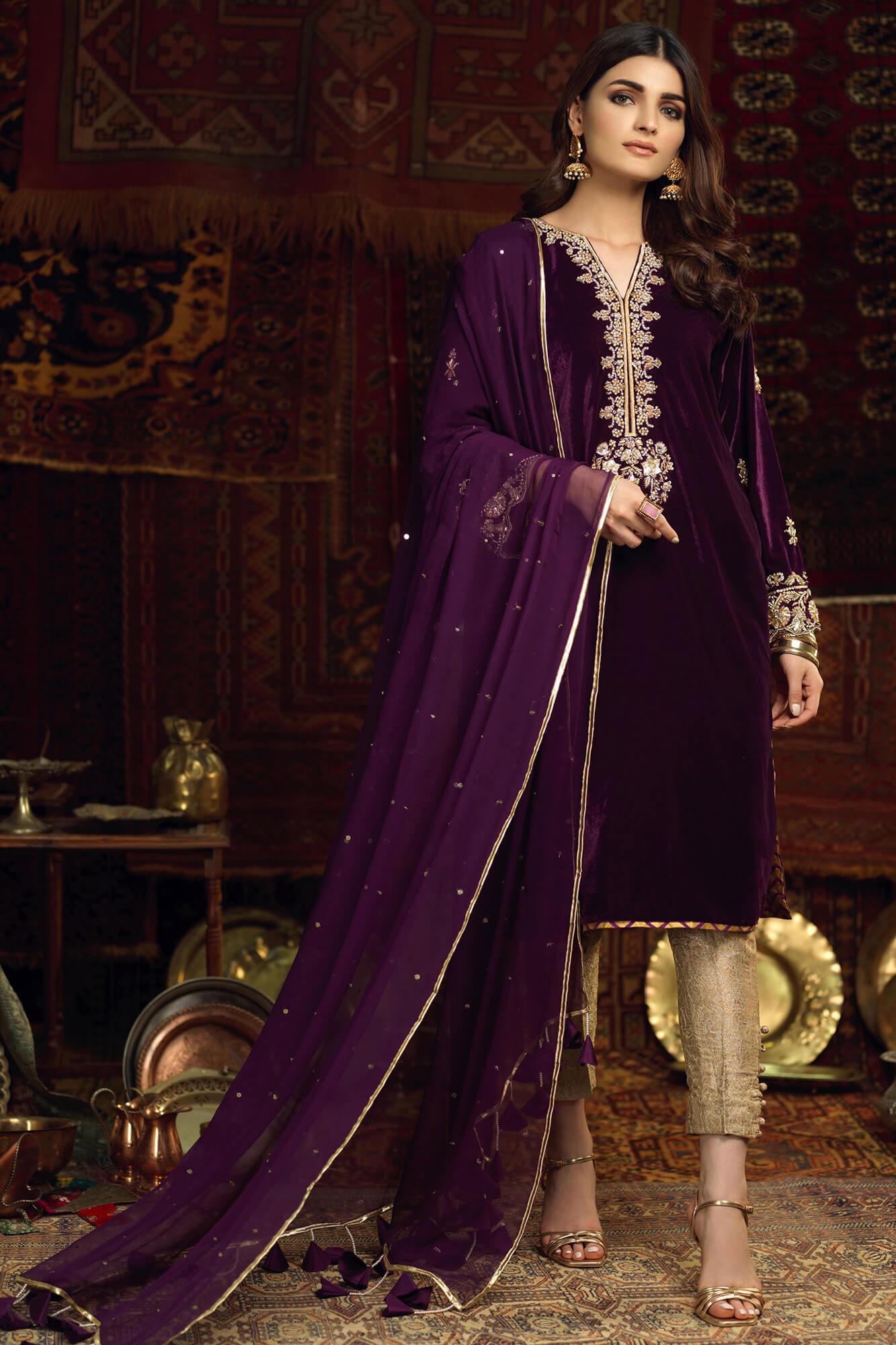 Pakistani Deep Purple Embroidered Velvet Salwar Kameez (3-Piece) - Image 2