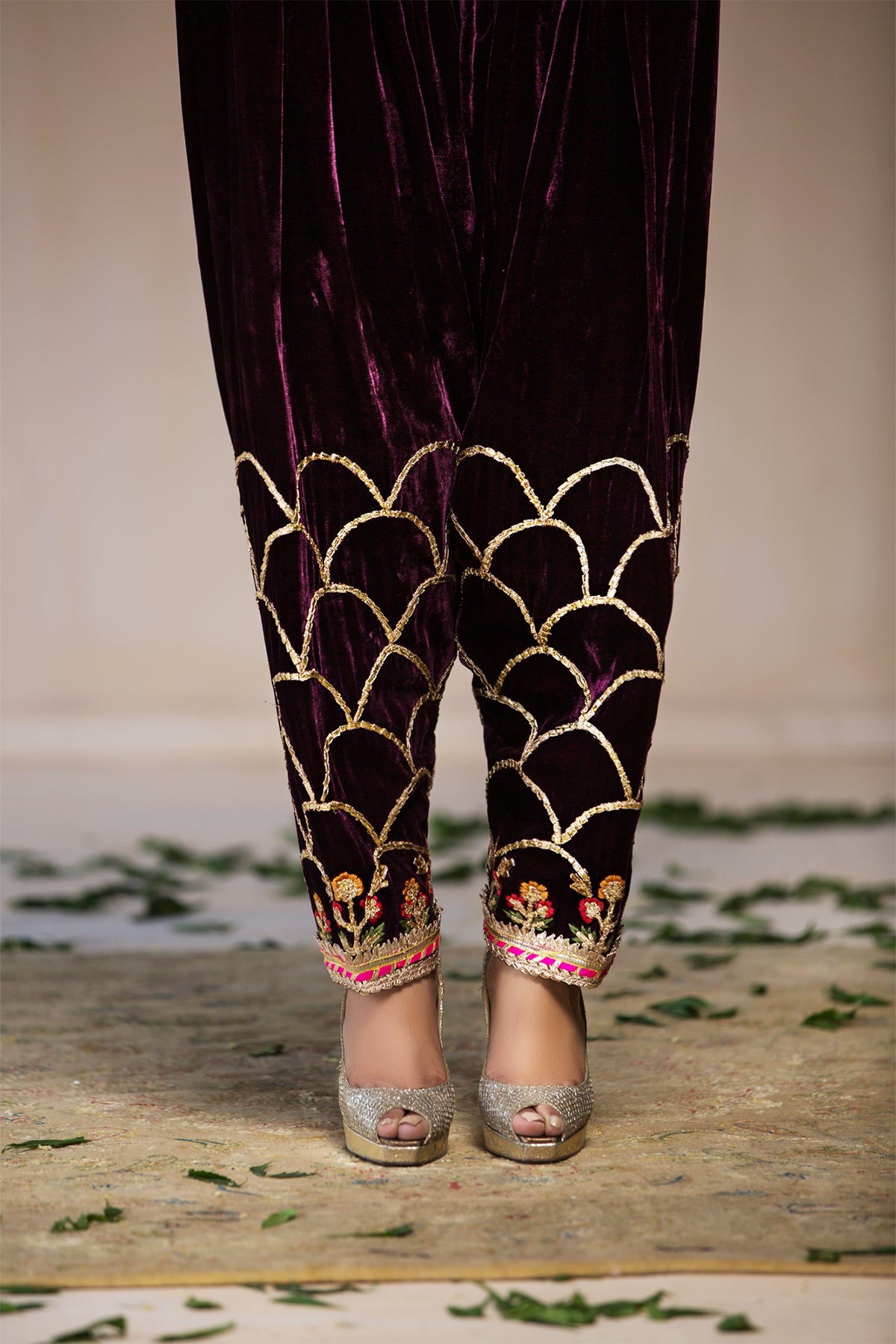 Pakistani Plum Gota Work Velvet Shalwar (1-Pc) - Image 2