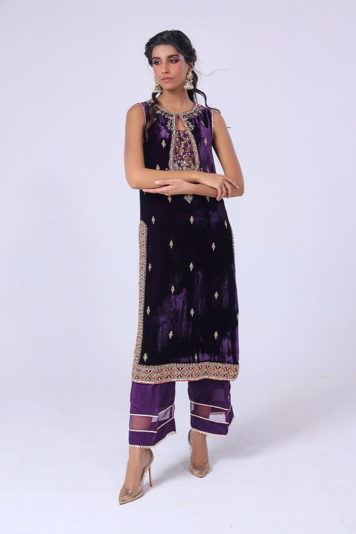 Deep Purple Embellished Velvet Salwar Kameez (2-Piece) - Image 2