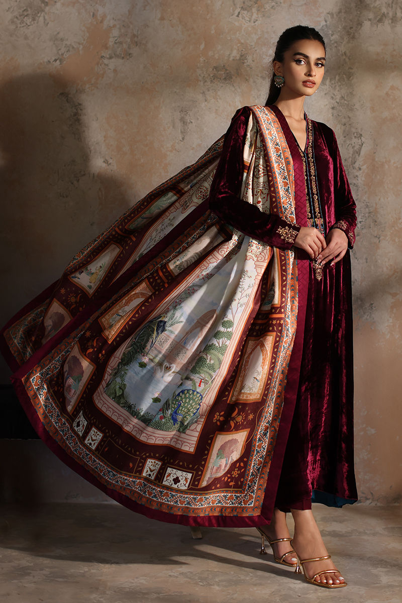 Pakistani Cherry Purple Hand-Worked Velvet Salwar Kameez (3-Piece) - Image 1