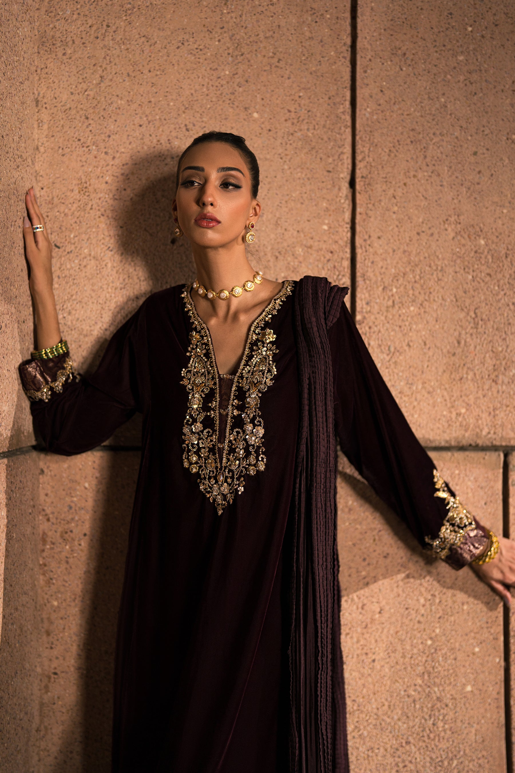 Pakistani Plum Hand Embroidered Velvet Salwar Kameez (3-Piece) - Image 3