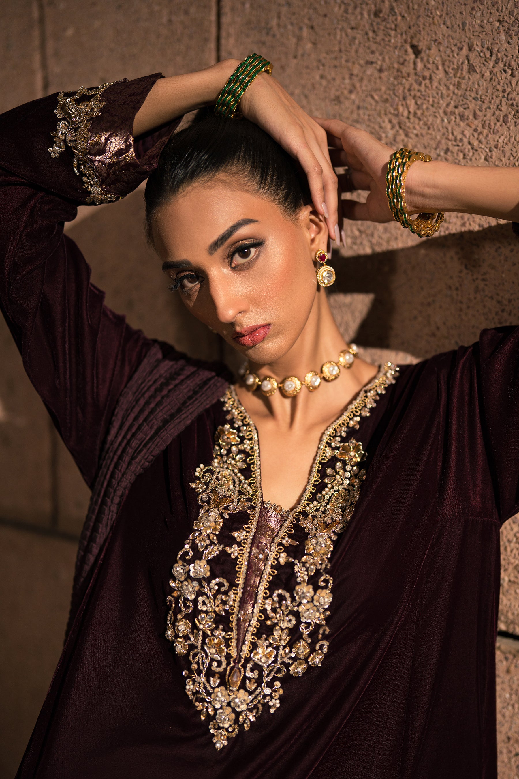 Pakistani Plum Hand Embroidered Velvet Salwar Kameez (3-Piece) - Image 4