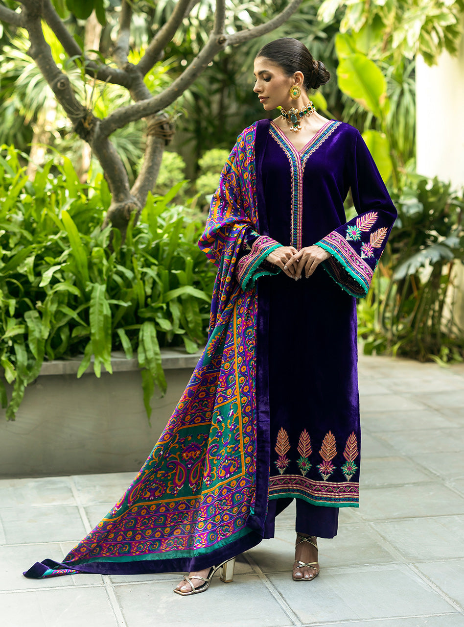 Pakistani Royal Purple Embroidered Velvet Salwar Kameez (3-Piece) - Image 1