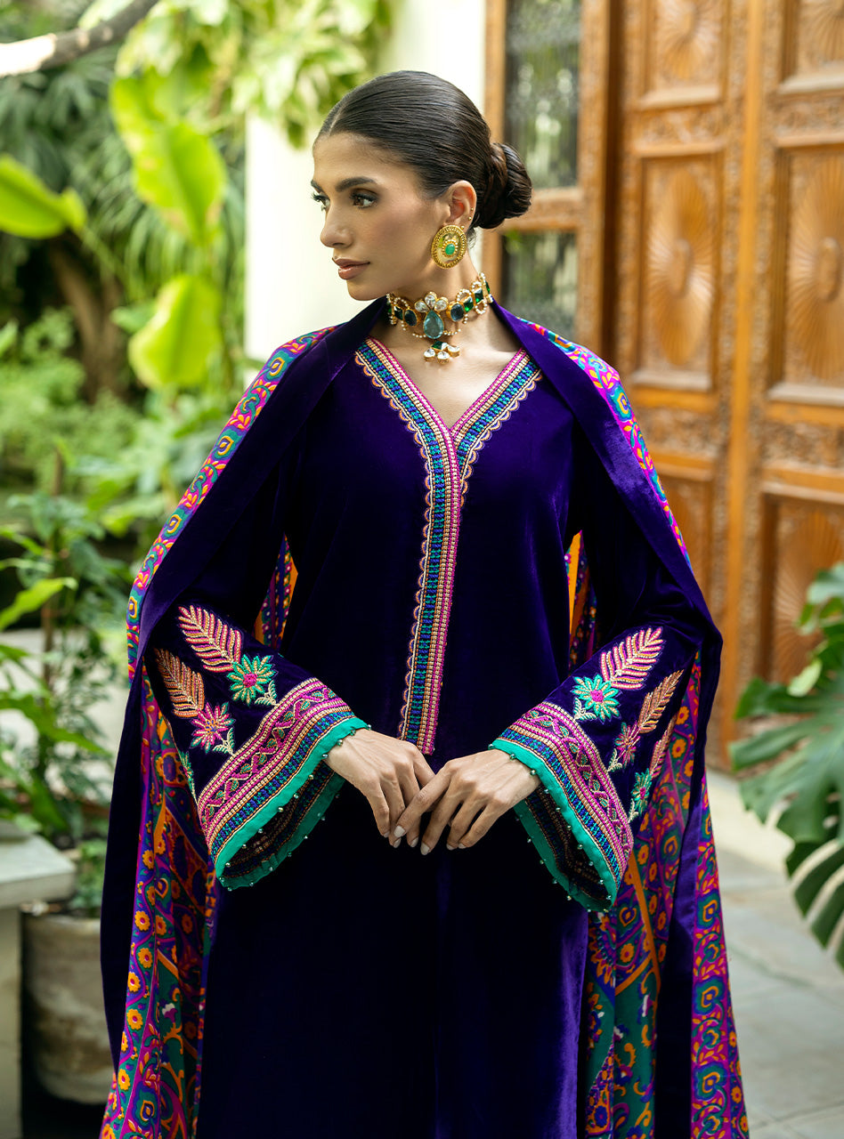 Pakistani Royal Purple Embroidered Velvet Salwar Kameez (3-Piece) - Image 4