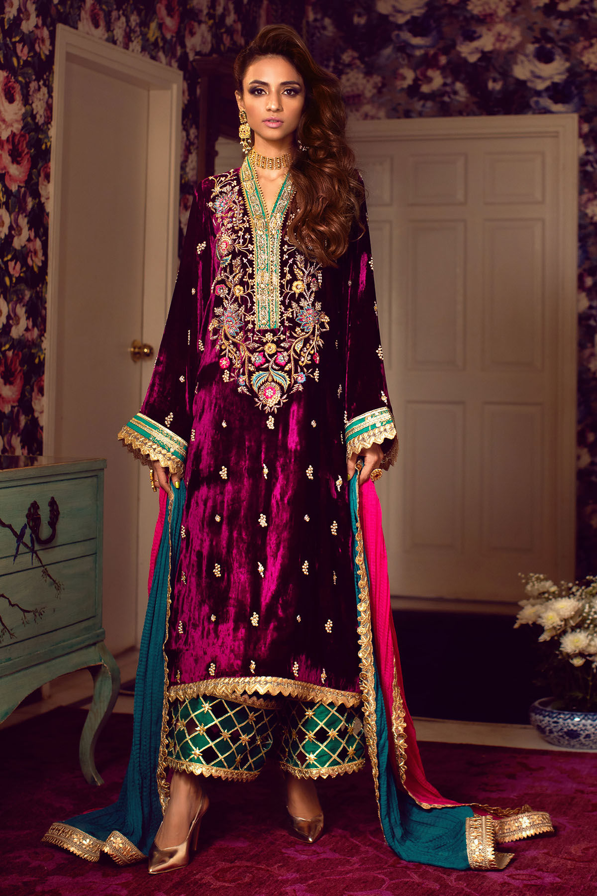 Plum Zardozi Velvet Salwar Kameez (3-Piece) - Image 1