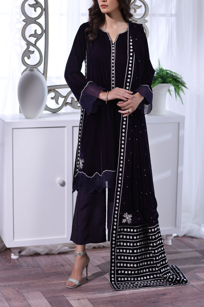 Pakistani Purple Swarovski Mukesh Velvet Salwar Kameez (3-Piece) - Image 1