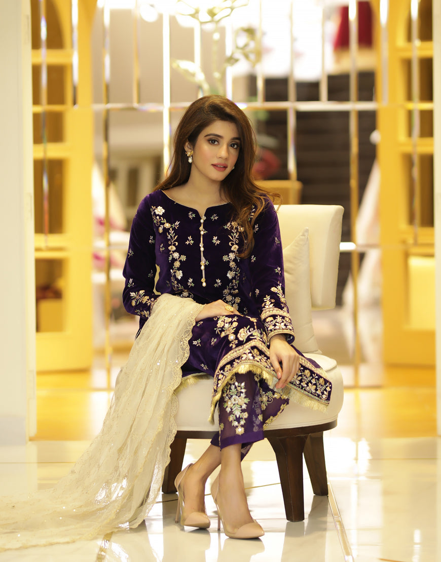Plum Embroidered Velvet Salwar Kameez (3-Piece) - Image 1