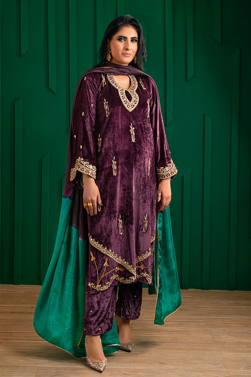 Pakistani Plum Zardozi Velvet Salwar Kameez (3-Piece) - Image 1