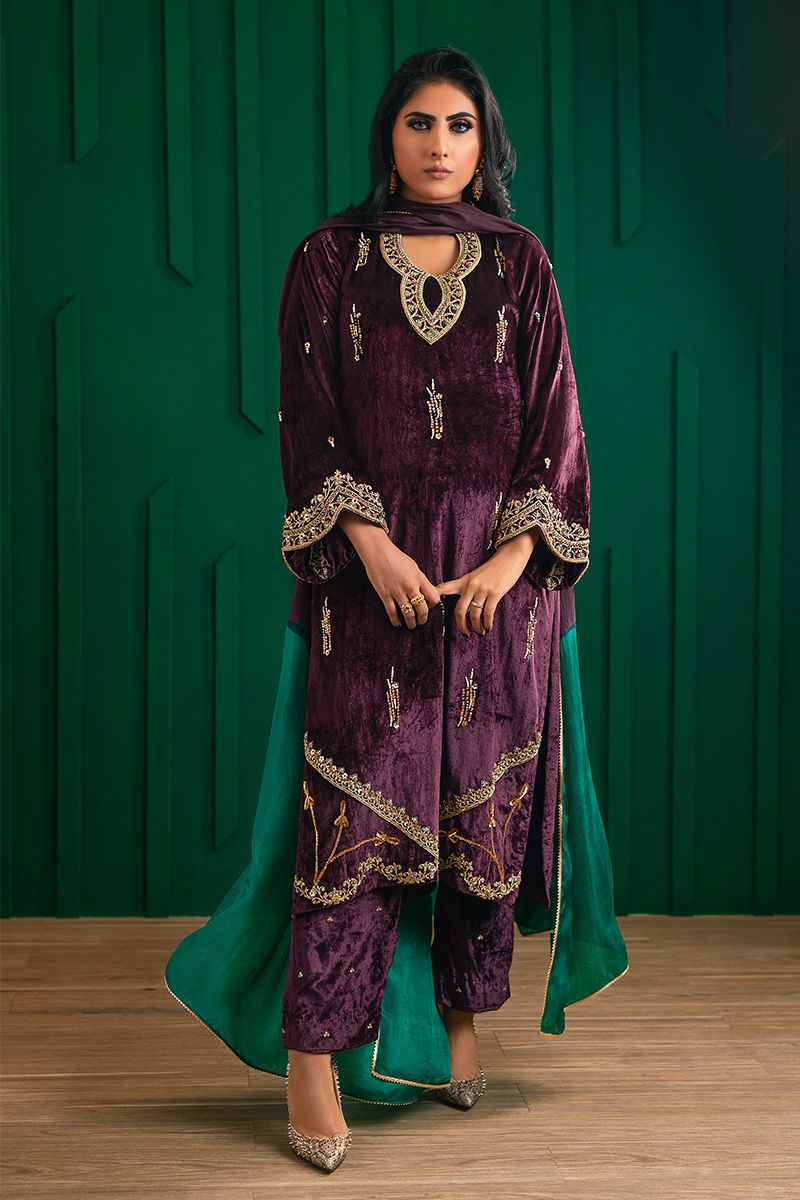 Pakistani Plum Zardozi Velvet Salwar Kameez (3-Piece) - Image 2