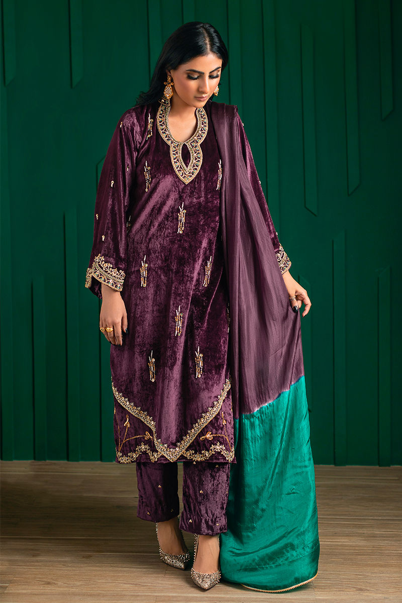 Pakistani Plum Zardozi Velvet Salwar Kameez (3-Piece) - Image 3