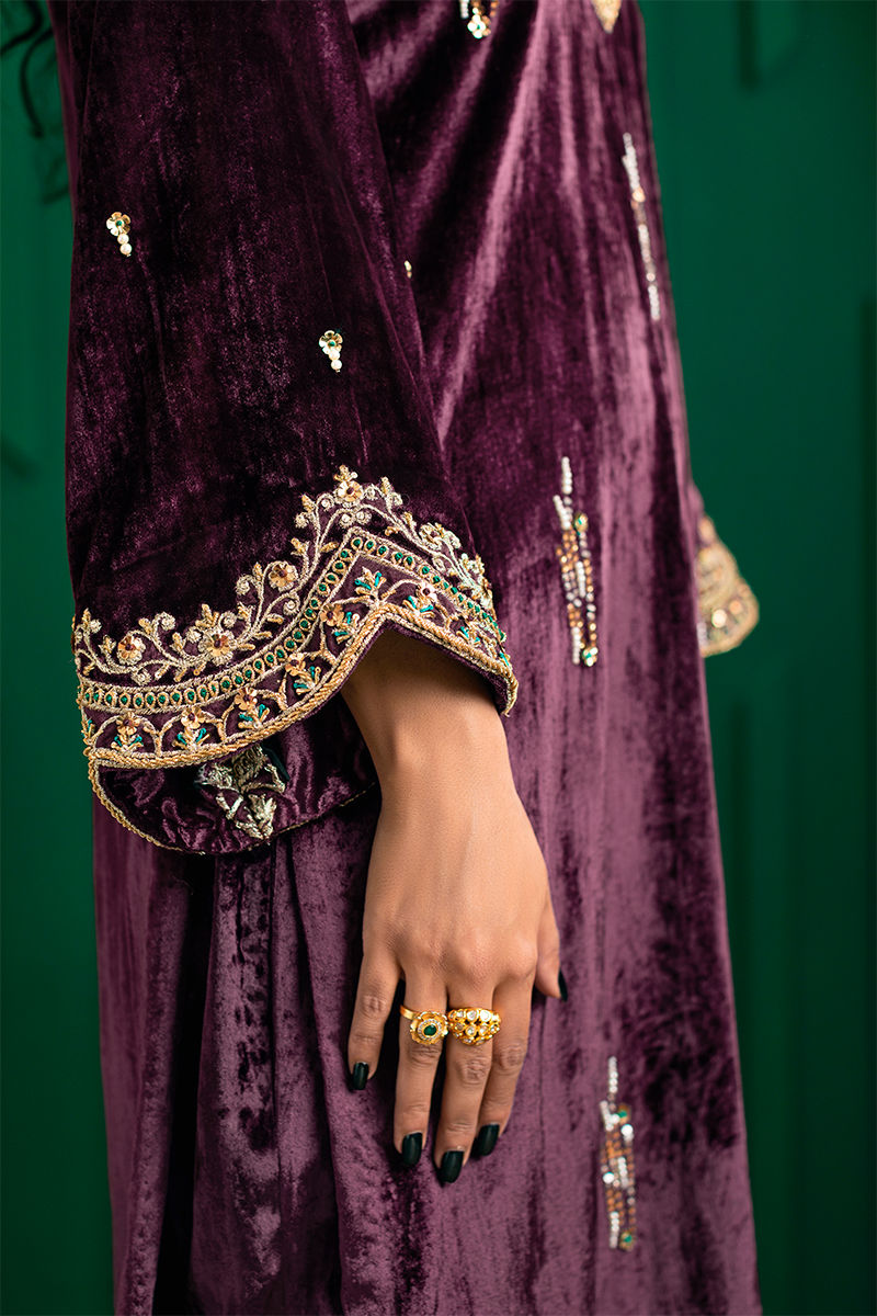 Pakistani Plum Zardozi Velvet Salwar Kameez (3-Piece) - Image 5