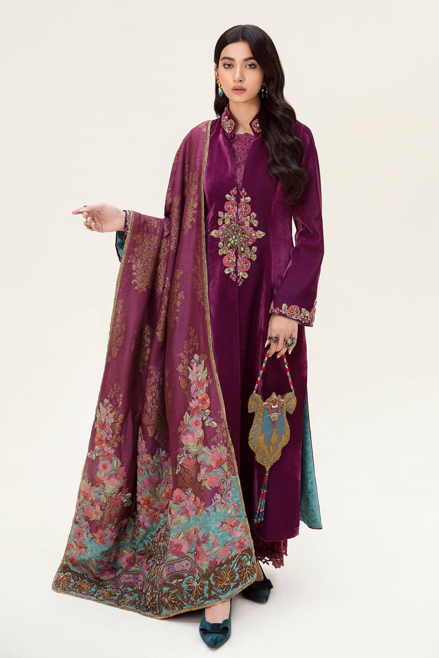 Pakistani Violet Zardozi Velvet Salwar Kameez (3-Piece) - Image 1