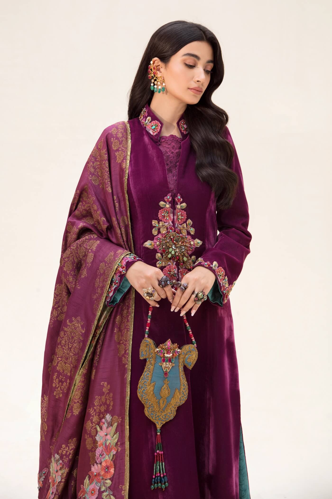 Pakistani Violet Zardozi Velvet Salwar Kameez (3-Piece) - Image 3