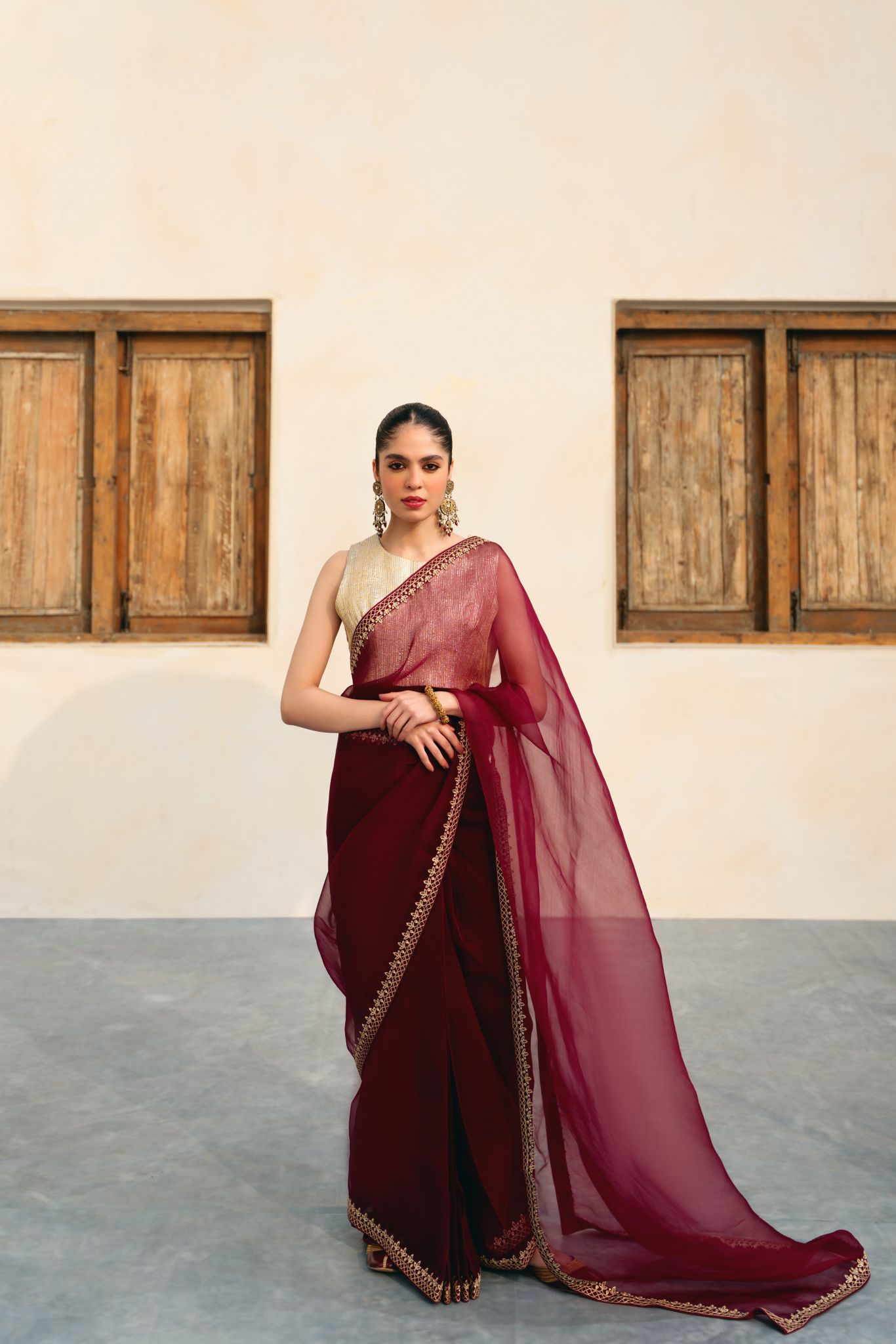 Pakistani Plum Organza Saree with Handmade Gotah Blouse (2-Piece) - Image 1