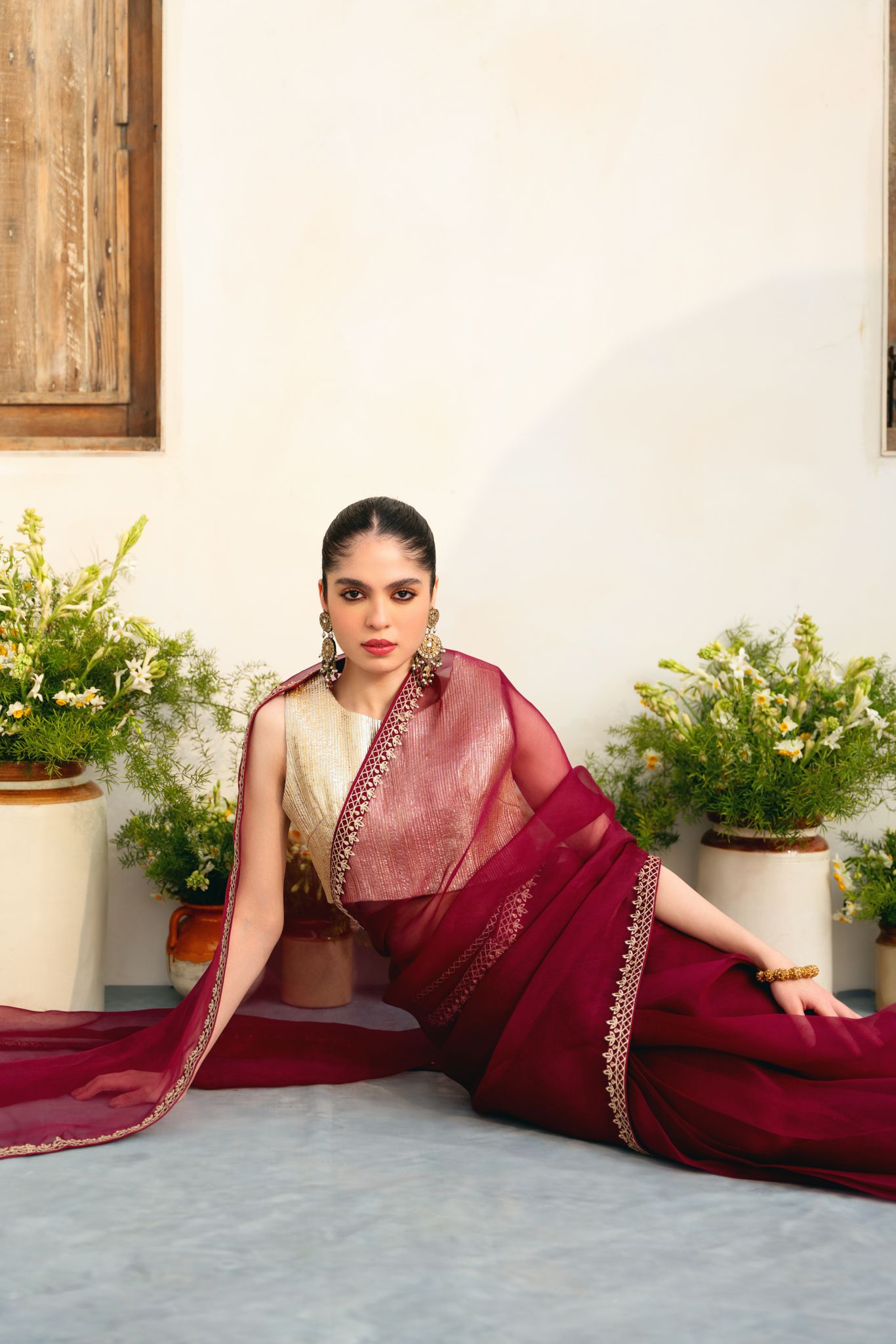 Pakistani Plum Organza Saree with Handmade Gotah Blouse (2-Piece) - Image 2