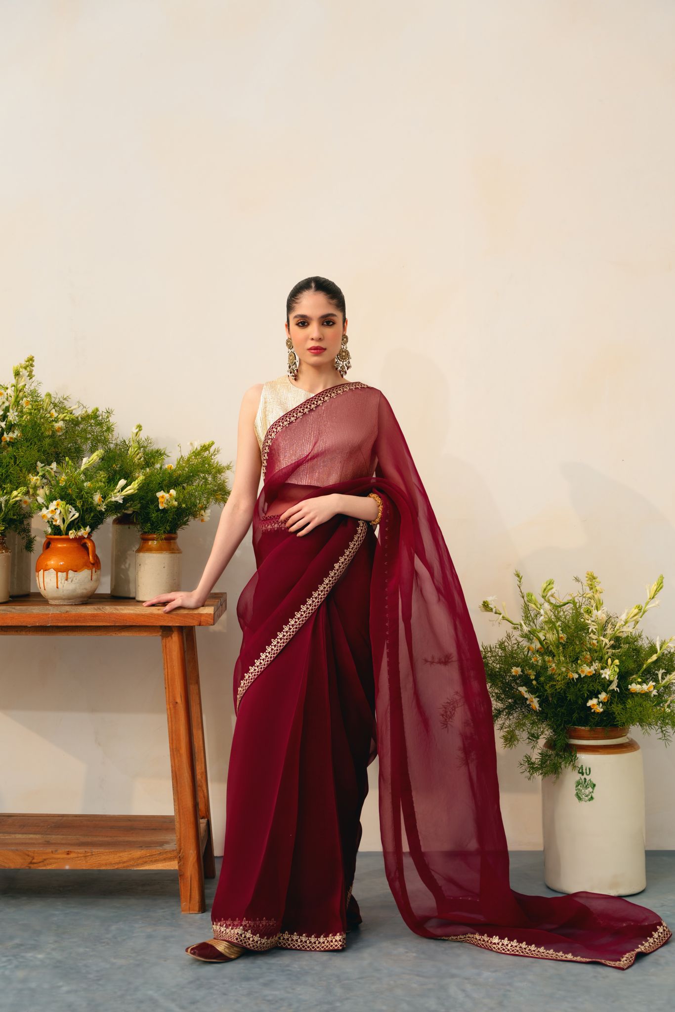 Pakistani Plum Organza Saree with Handmade Gotah Blouse (2-Piece) - Image 4