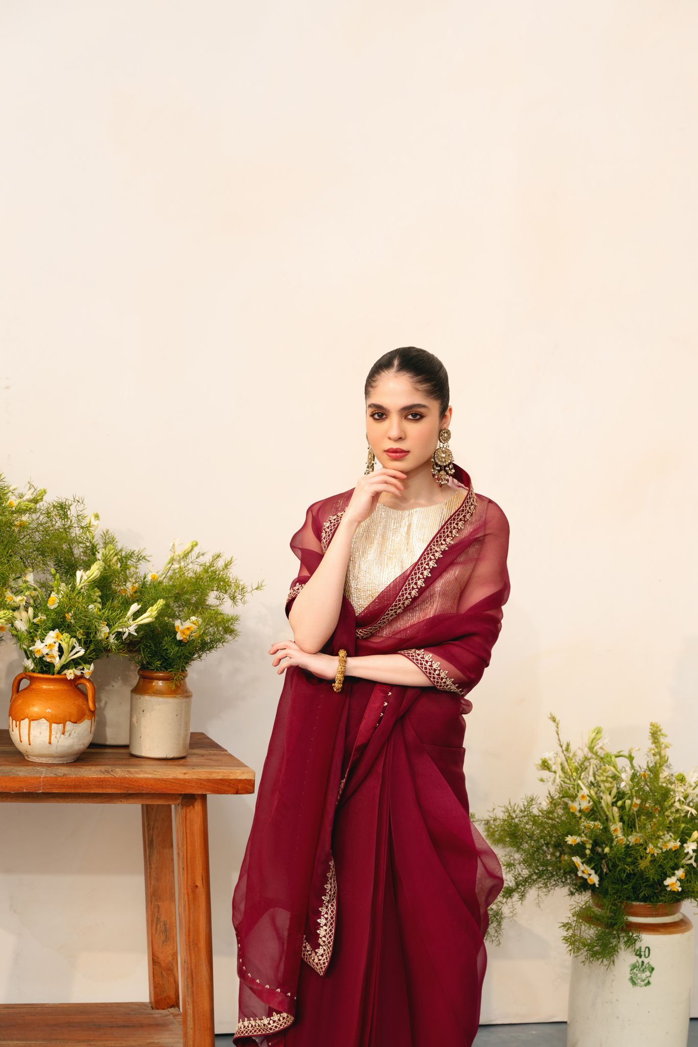 Pakistani Plum Organza Saree with Handmade Gotah Blouse (2-Piece) - Image 5