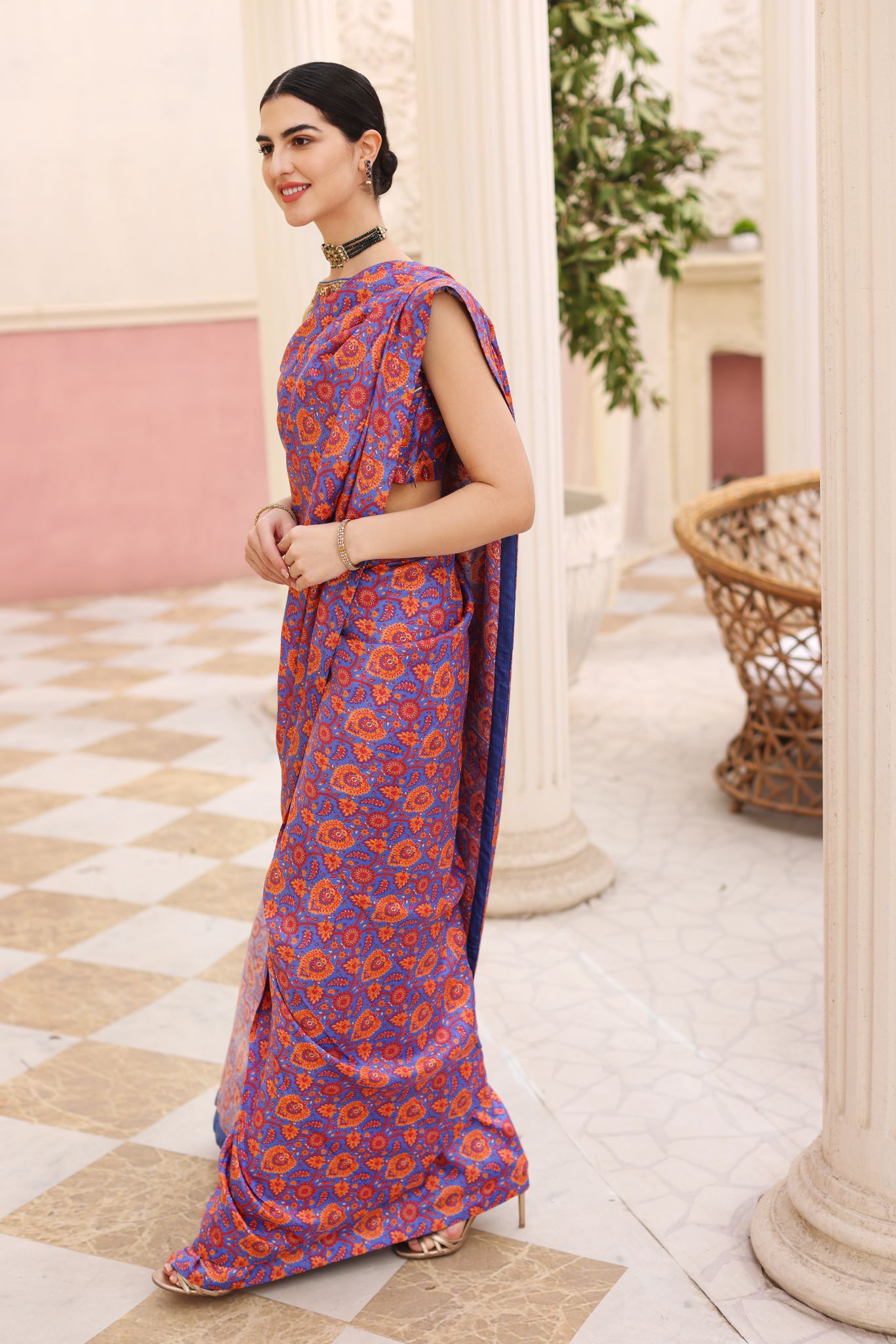 Purple Orange Printed Pure Raw Silk Saree (2-Piece) - Image 1