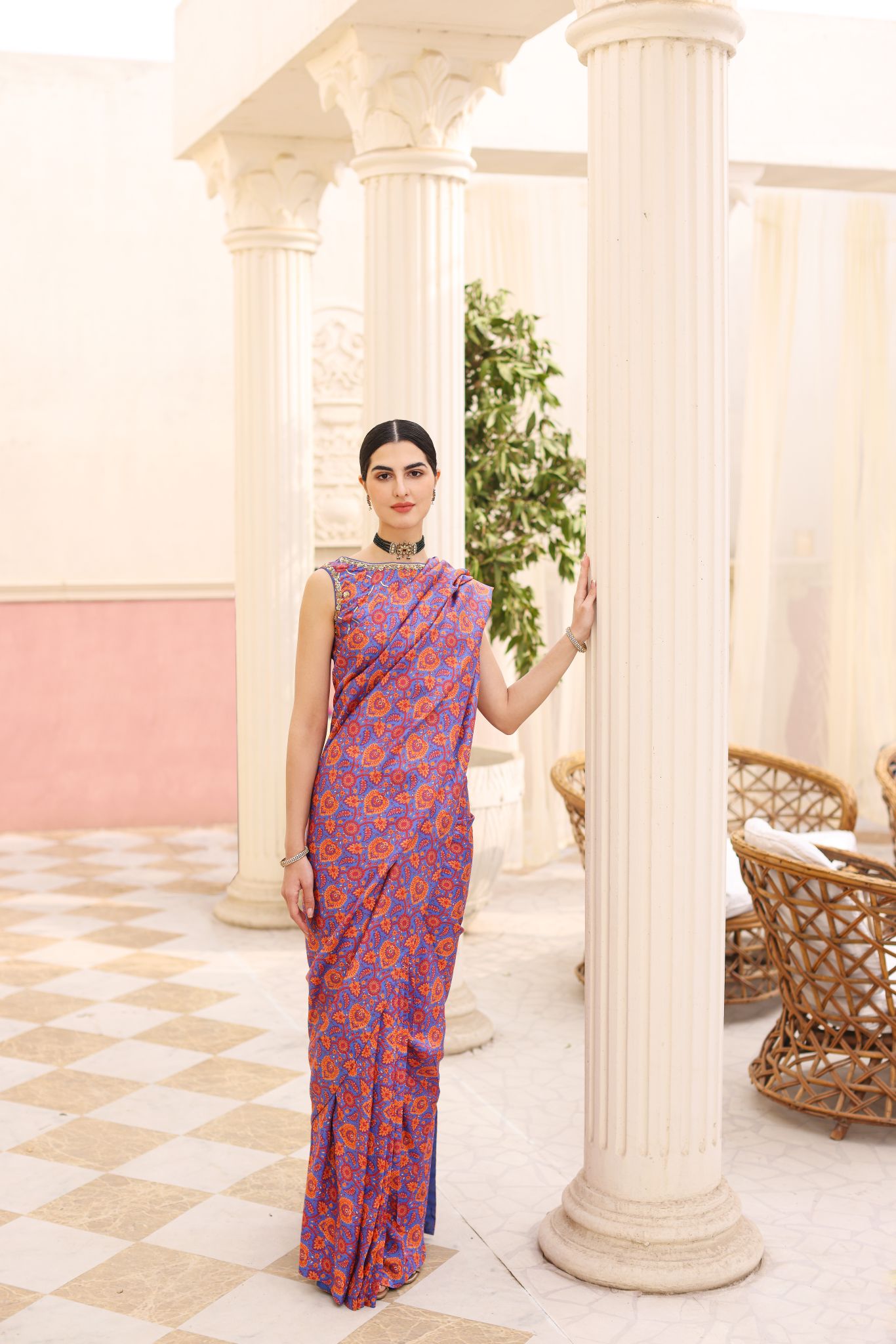 Purple Orange Printed Pure Raw Silk Saree (2-Piece) - Image 2