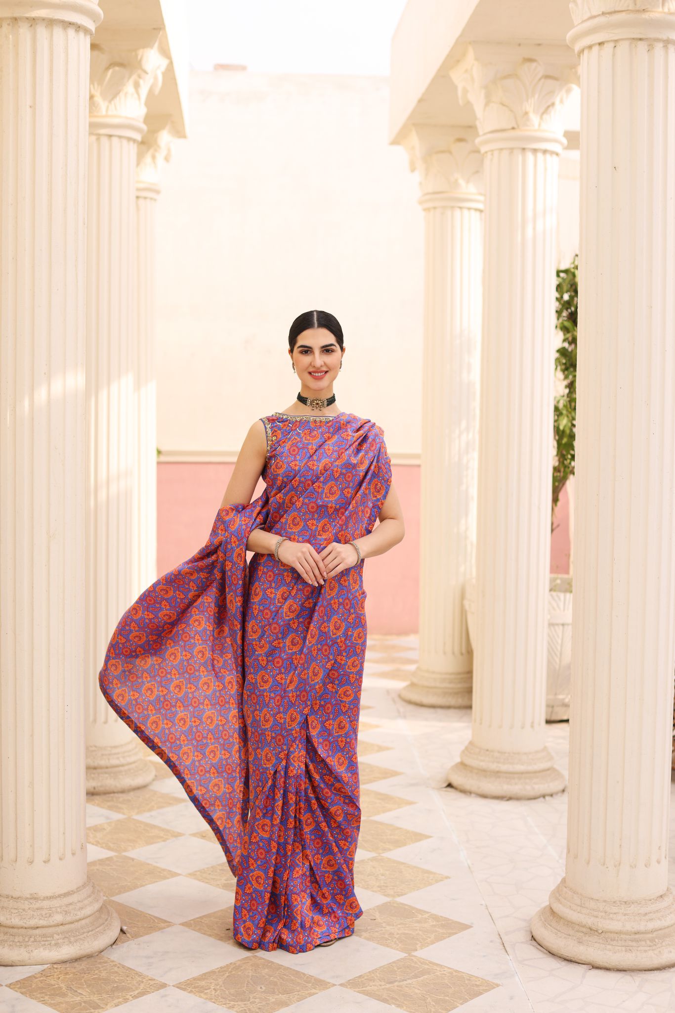 Purple Orange Printed Pure Raw Silk Saree (2-Piece) - Image 3