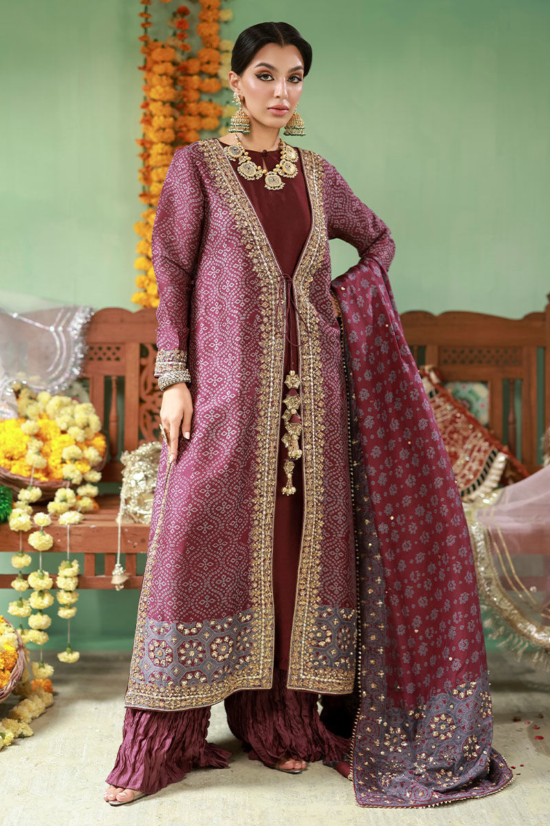 Pakistani Deep Purple Embroidered Raw Silk Sharara (3-Piece) - Image 1