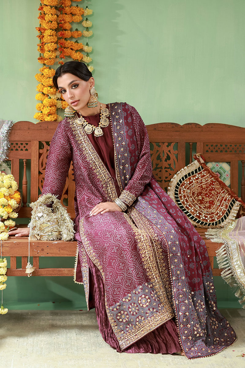 Pakistani Deep Purple Embroidered Raw Silk Sharara (3-Piece) - Image 4