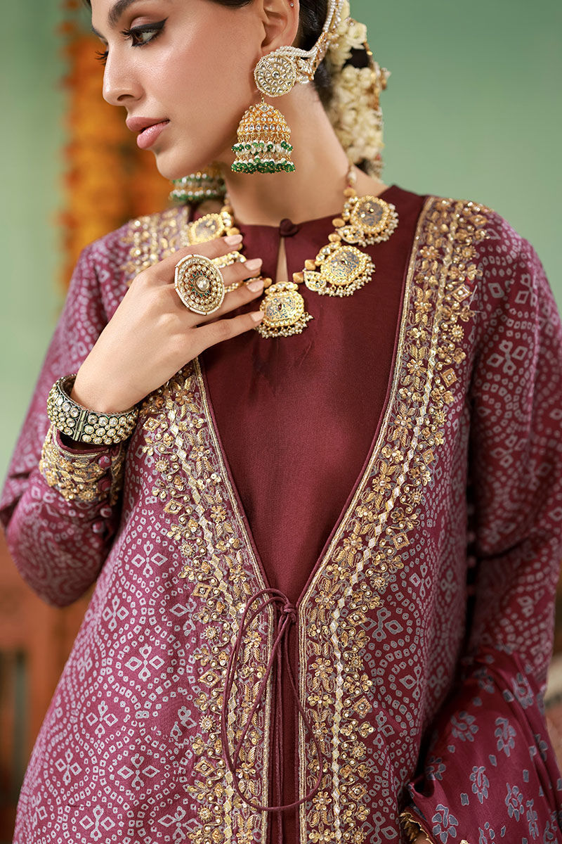 Pakistani Deep Purple Embroidered Raw Silk Sharara (3-Piece) - Image 9