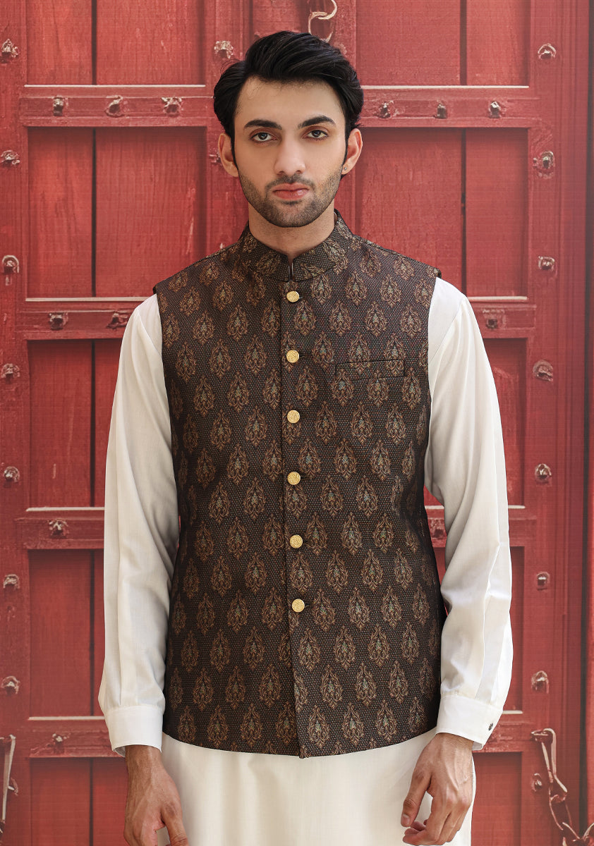 Purple Jamawar Waistcoat Kurta Set (2-Piece) - Image 1