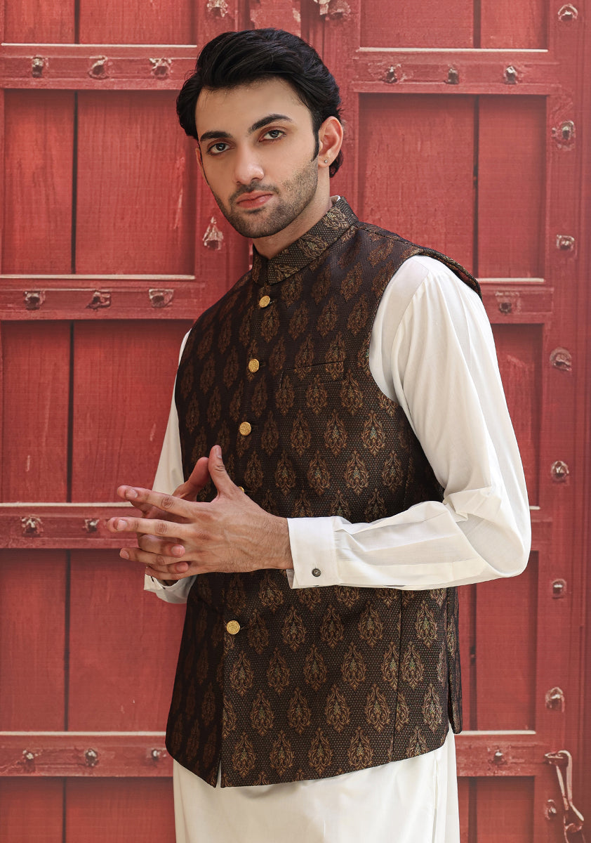 Purple Jamawar Waistcoat Kurta Set (2-Piece) - Image 2