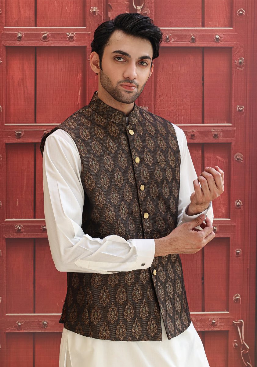 Purple Jamawar Waistcoat Kurta Set (2-Piece) - Image 3