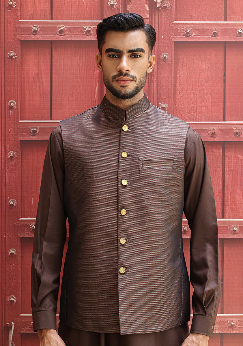 Purple Jamawar Straight-Cut Waistcoat (2-Piece) - Image 1
