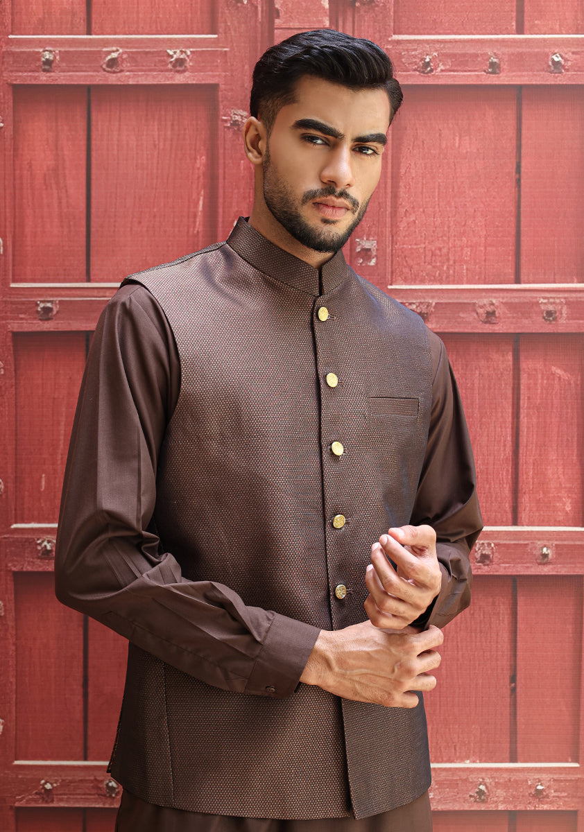 Purple Jamawar Straight-Cut Waistcoat (2-Piece) - Image 2