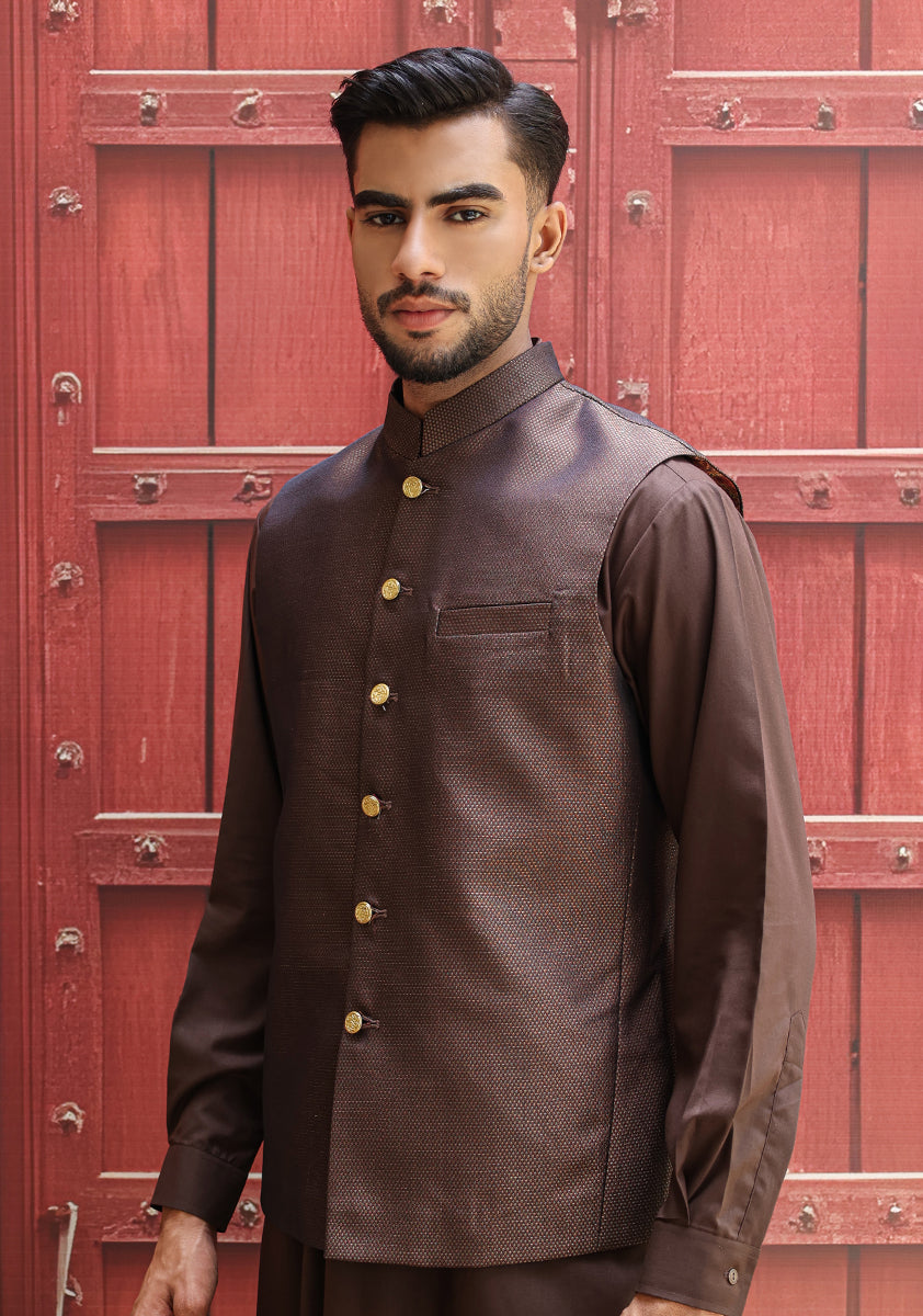 Purple Jamawar Straight-Cut Waistcoat (2-Piece) - Image 3
