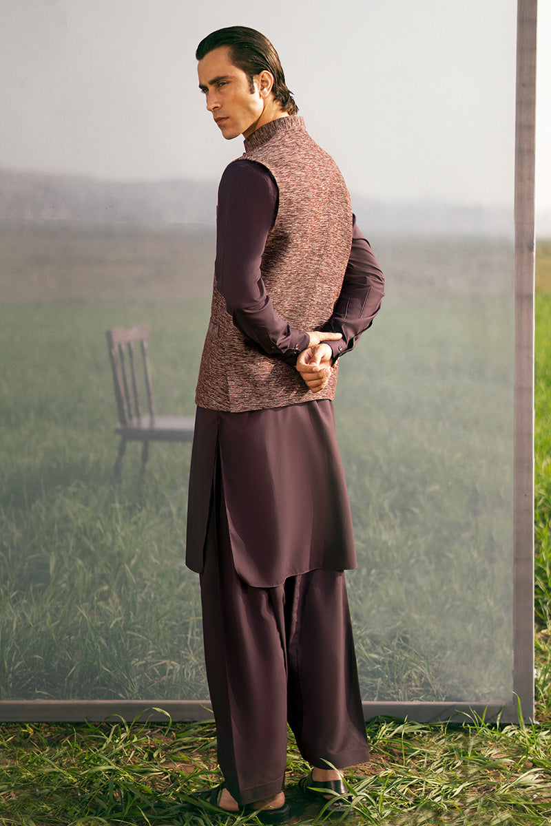 Plum Handwoven Khaddar Waistcoat (1-Pc) - Image 5
