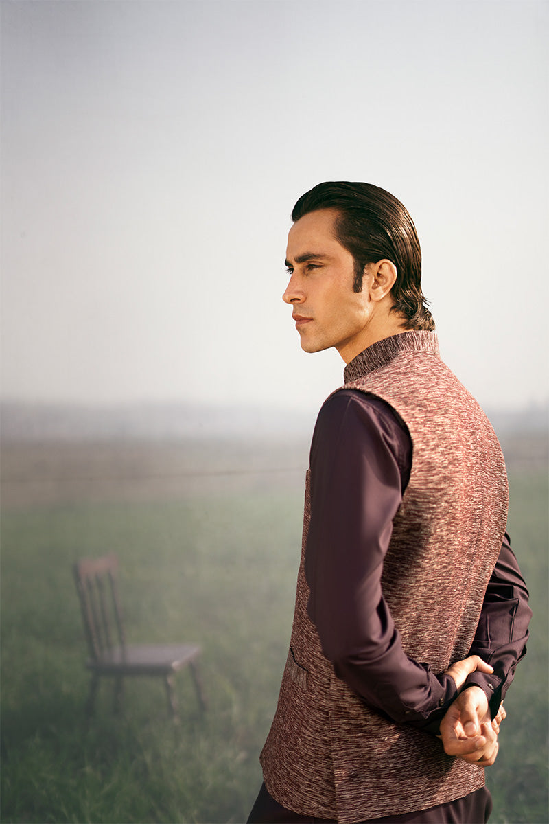 Plum Handwoven Khaddar Waistcoat (1-Pc) - Image 6