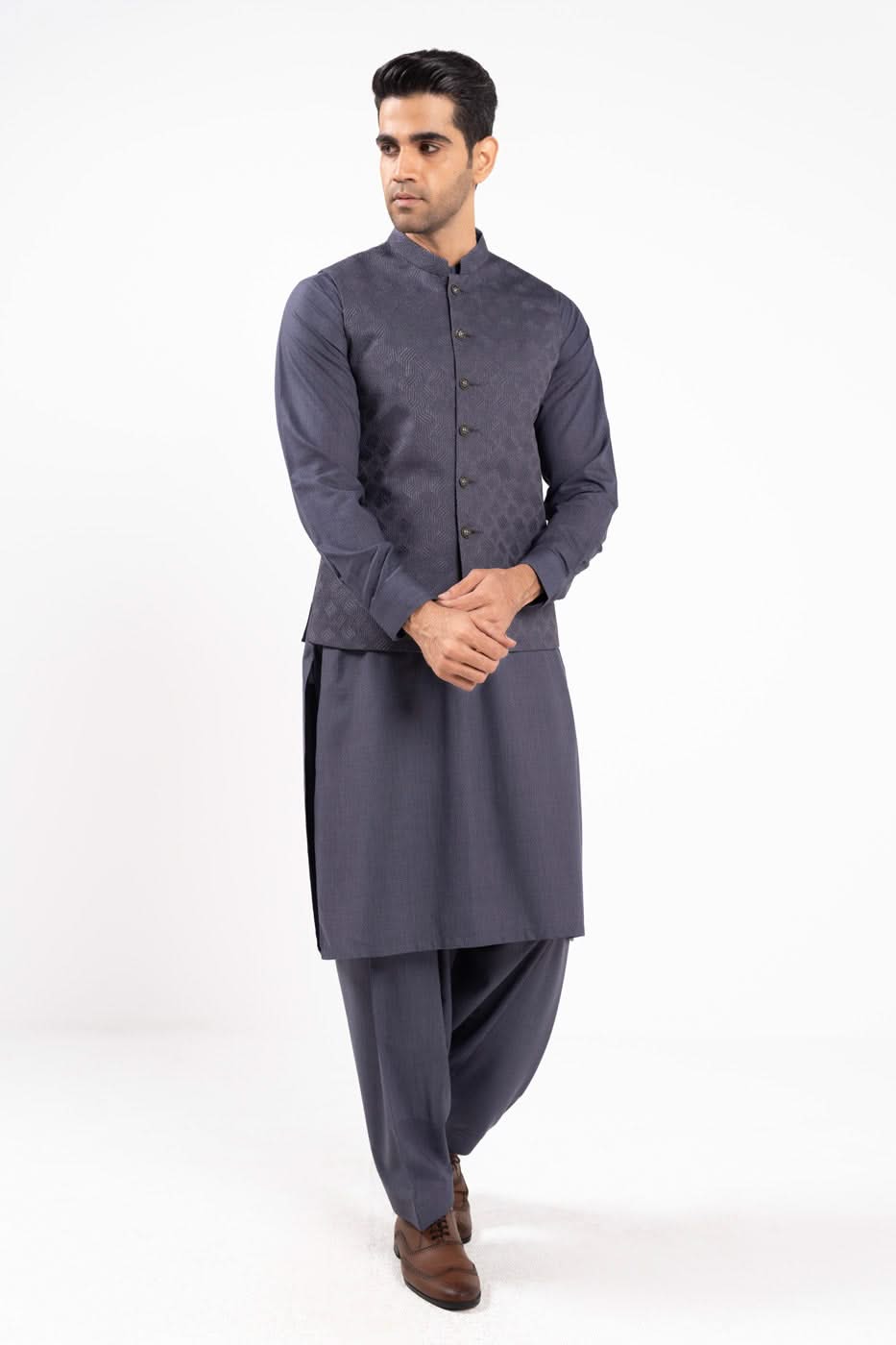 Purple Woven Blended Fabric Waistcoat Kurta (3-Piece) - Image 1