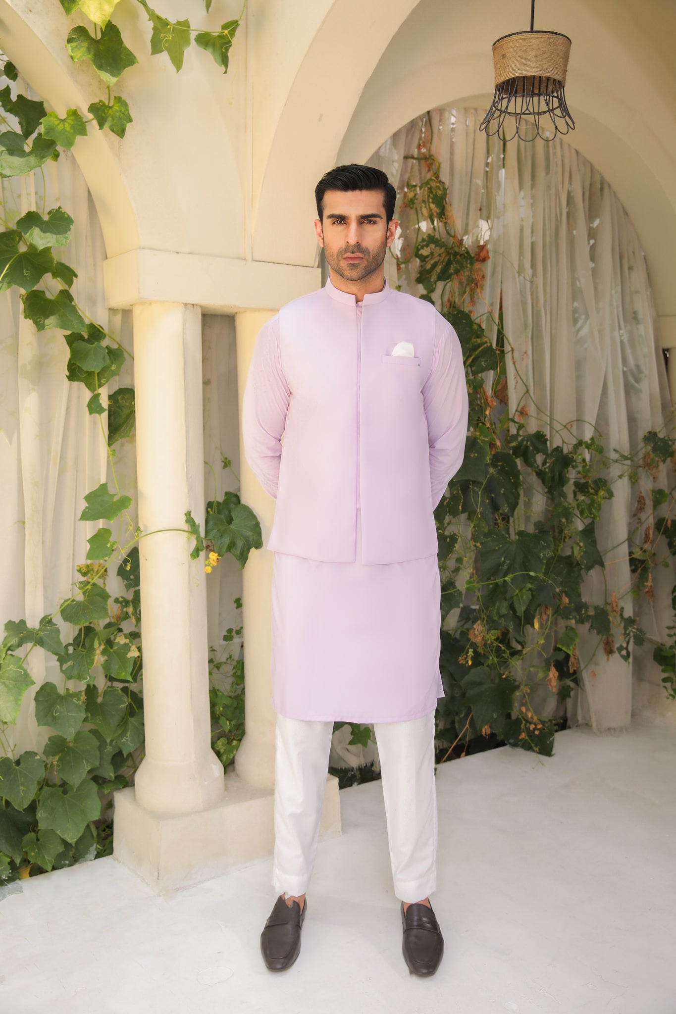 Lilac Blended Straight-Cut Waistcoat Kurta (3-Piece) - Image 4