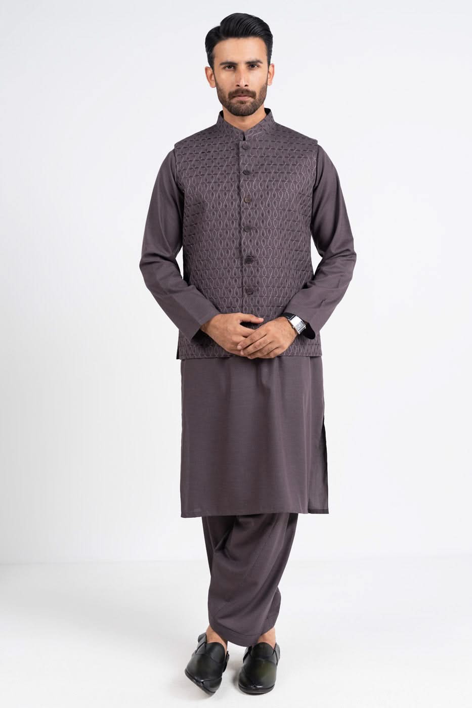 Purple Geometric Stitched Blended Waistcoat Kurta (3-Piece) - Image 1