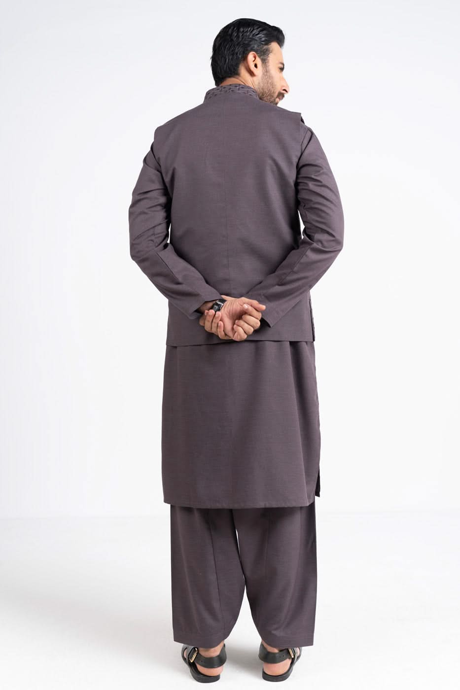 Purple Geometric Stitched Blended Waistcoat Kurta (3-Piece) - Image 4