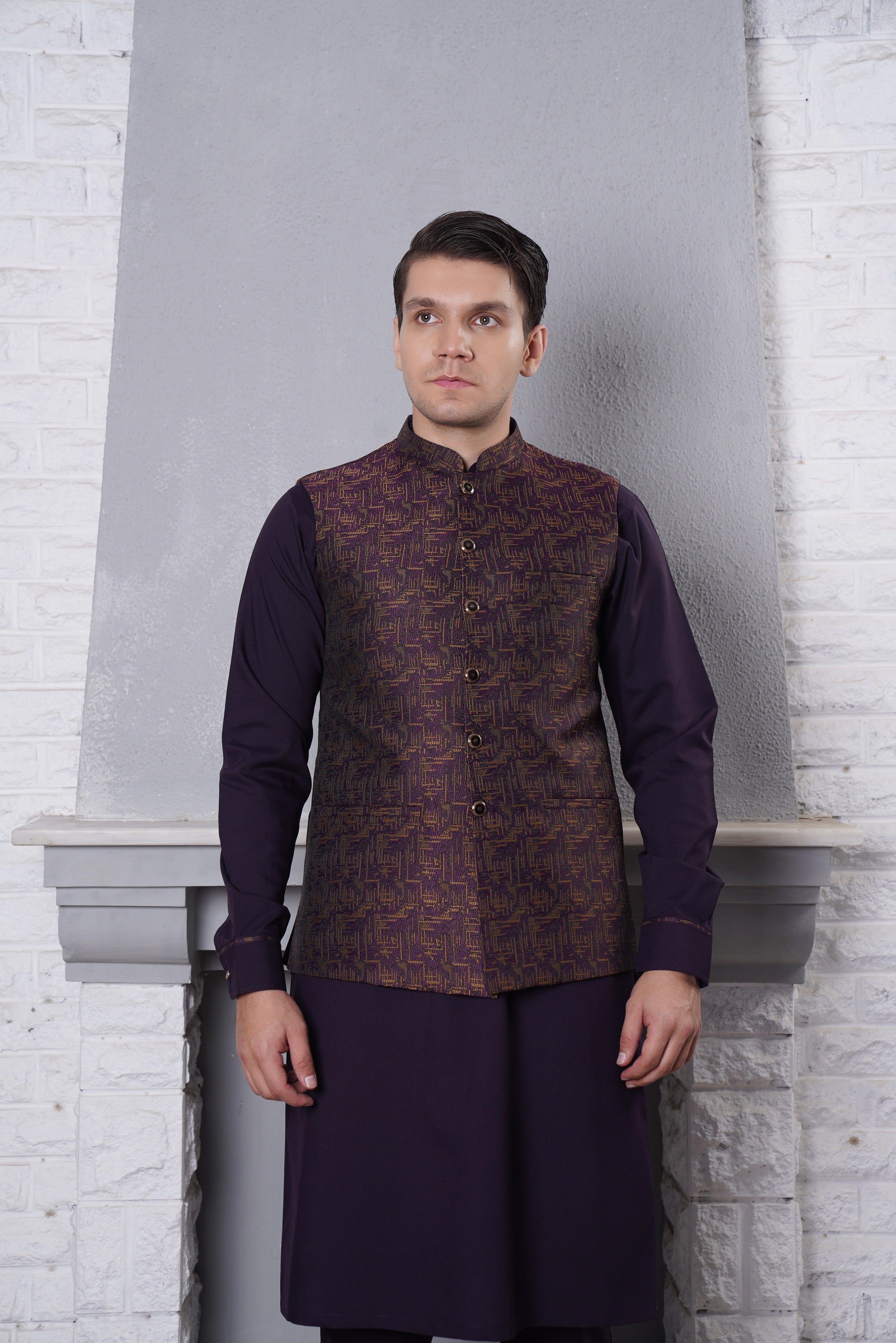 Deep Plum Patterned Waistcoat Kurta Set (3-Piece) - Image 1