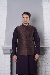 Deep Plum Patterned Waistcoat Kurta Set (3-Piece) - Image 2