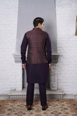 Deep Plum Patterned Waistcoat Kurta Set (3-Piece) - Image 3