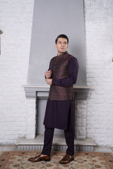 Deep Plum Patterned Waistcoat Kurta Set (3-Piece) - Image 4