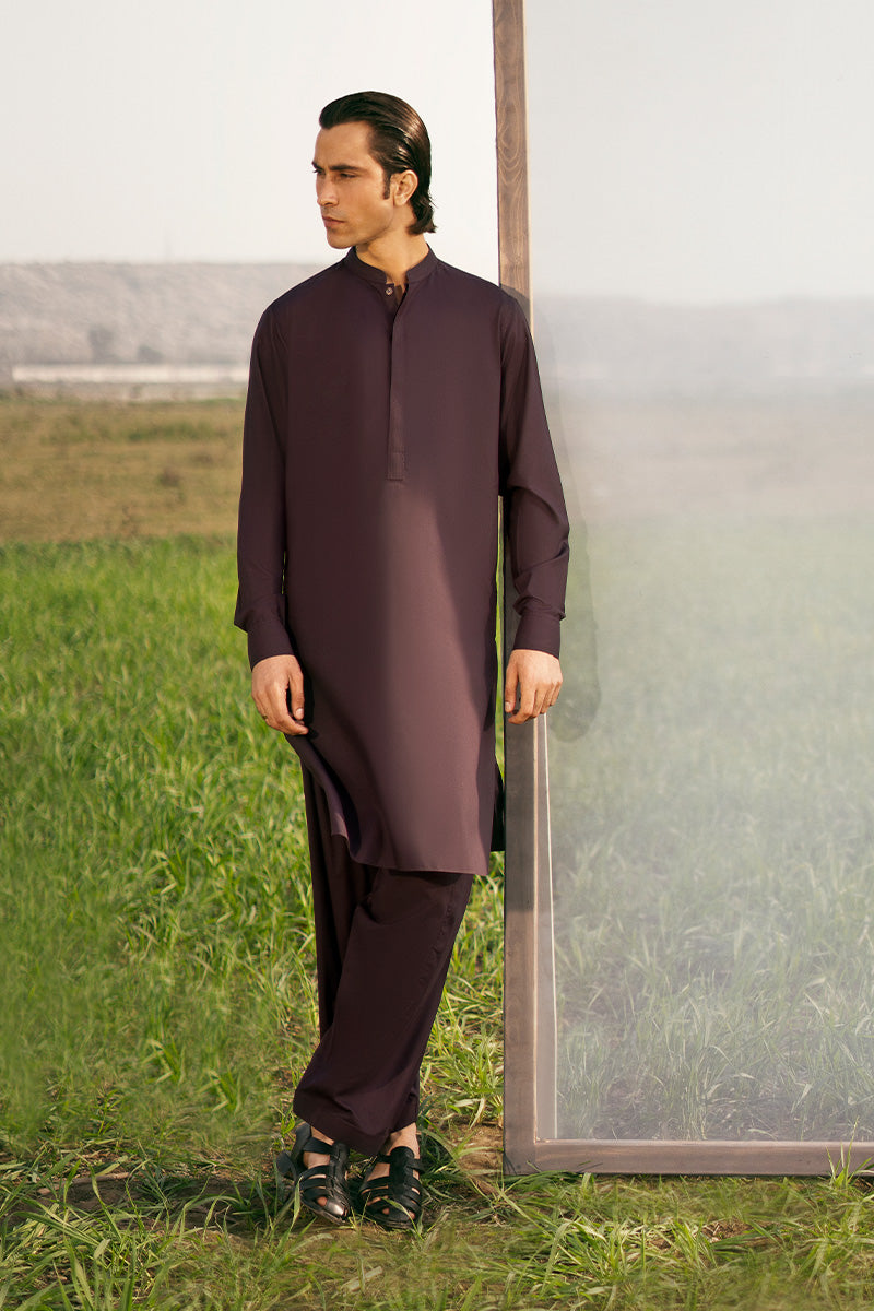 Plum Topstitched Premium Cotton Waistcoat Kurta (3-Piece) - Image 2