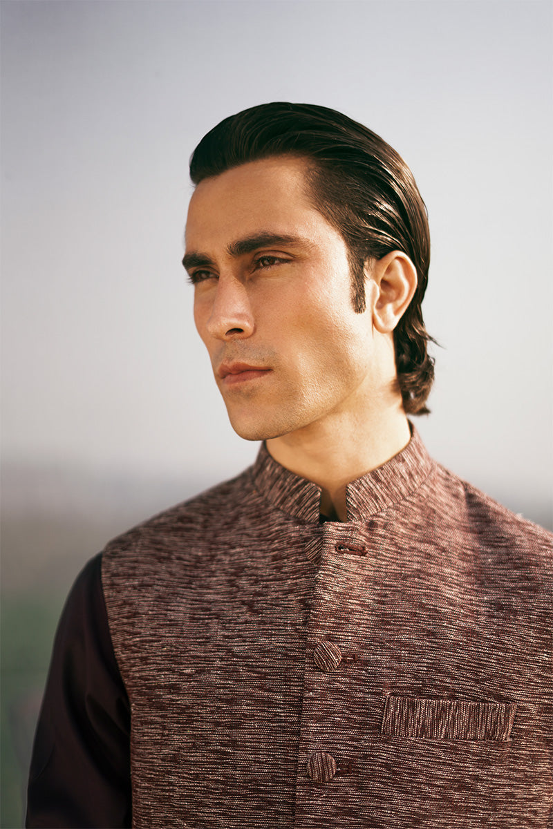 Plum Topstitched Premium Cotton Waistcoat Kurta (3-Piece) - Image 3
