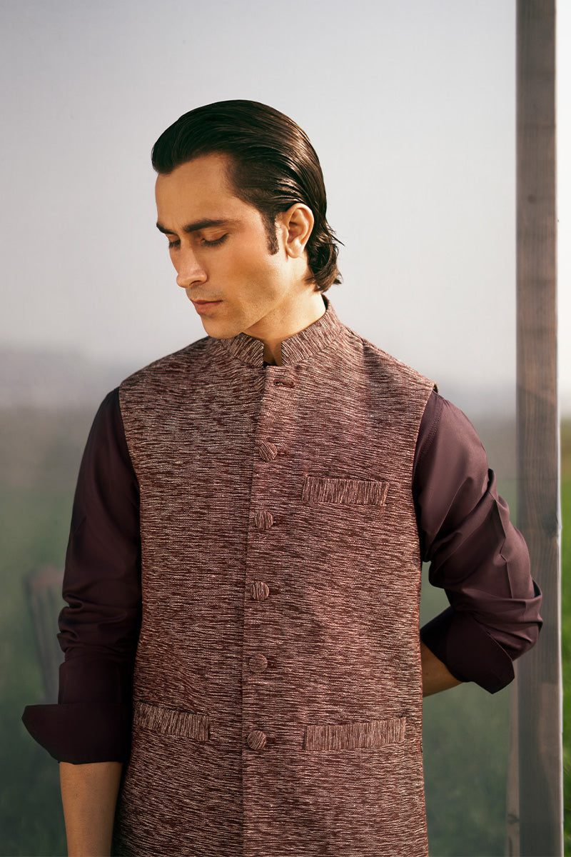 Plum Topstitched Premium Cotton Waistcoat Kurta (3-Piece) - Image 4
